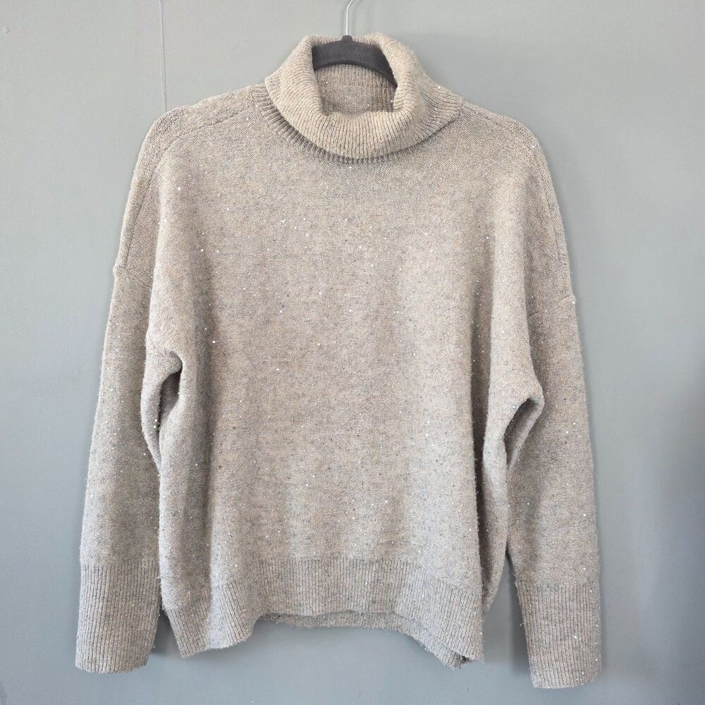 CeCe Turtleneck Sweater Cream Sequin Soft Knit Ribbed Cuffs. Sz Small.